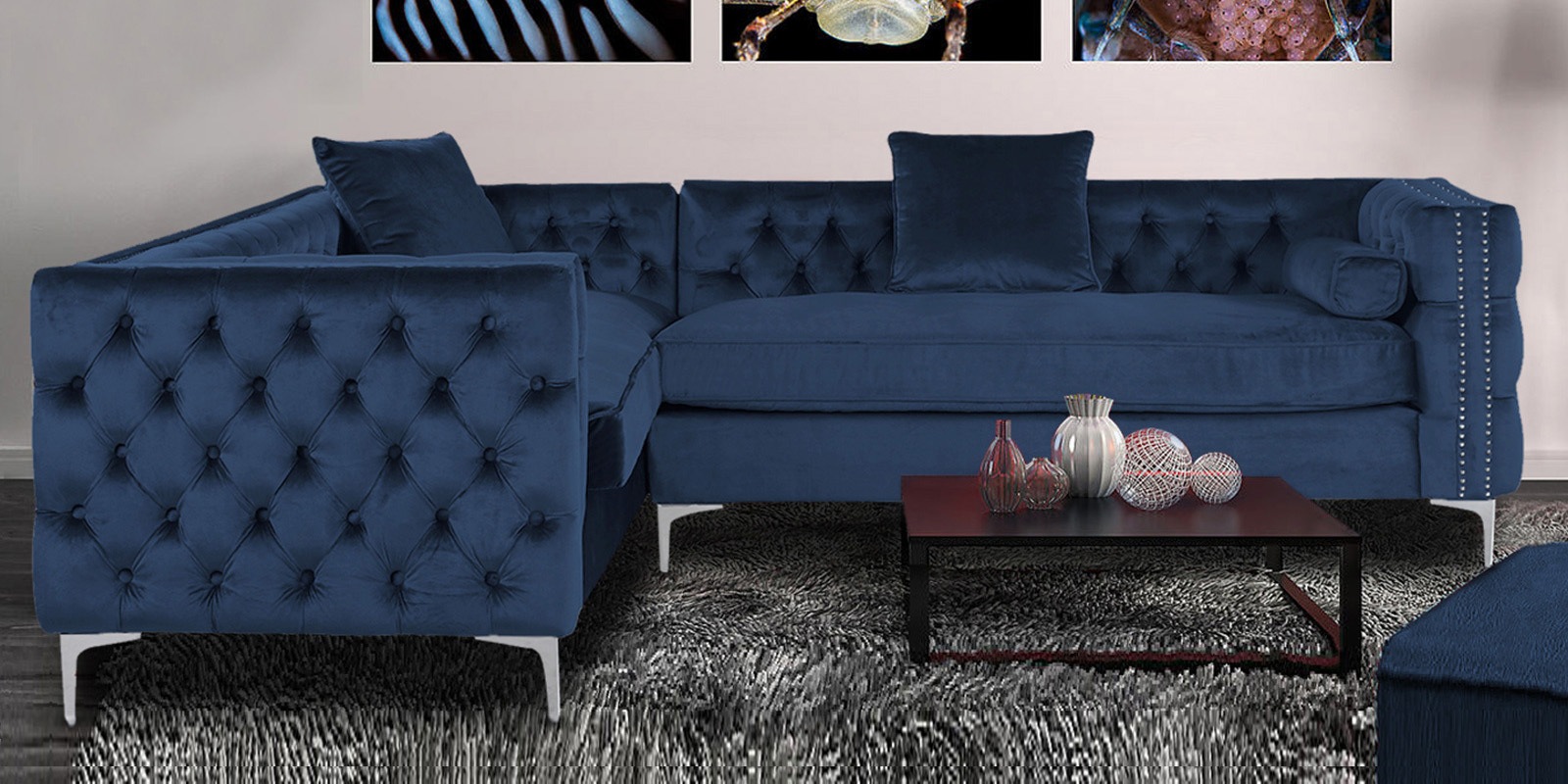 Tidafors Velvet RHS Sectional Sofa in Blue Colour - Dreamzz ...