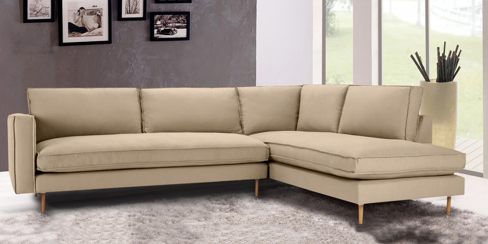 Beige Fabric RHF Sofa with LHF Lounger - Aurora - EZ Living Furniture