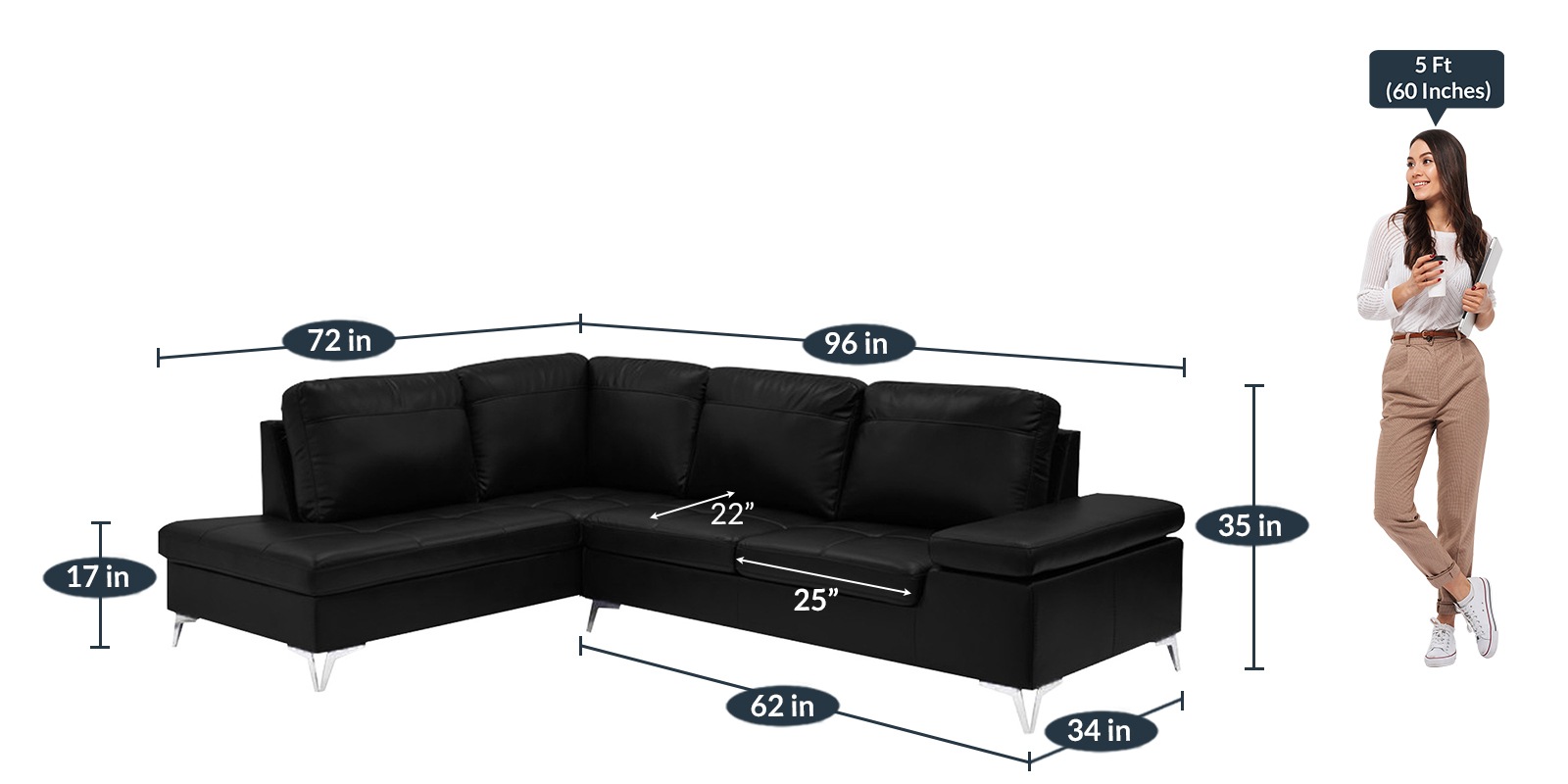 Beatrix RHS Sofa in Black Colour by Dreamzz Furniture
