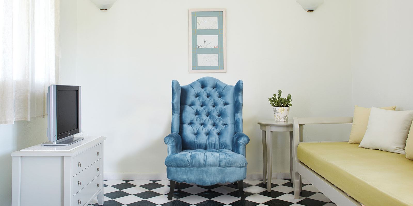 Arnova Velvet Wing Chair in Blue Colour by Dreamzz Furniture