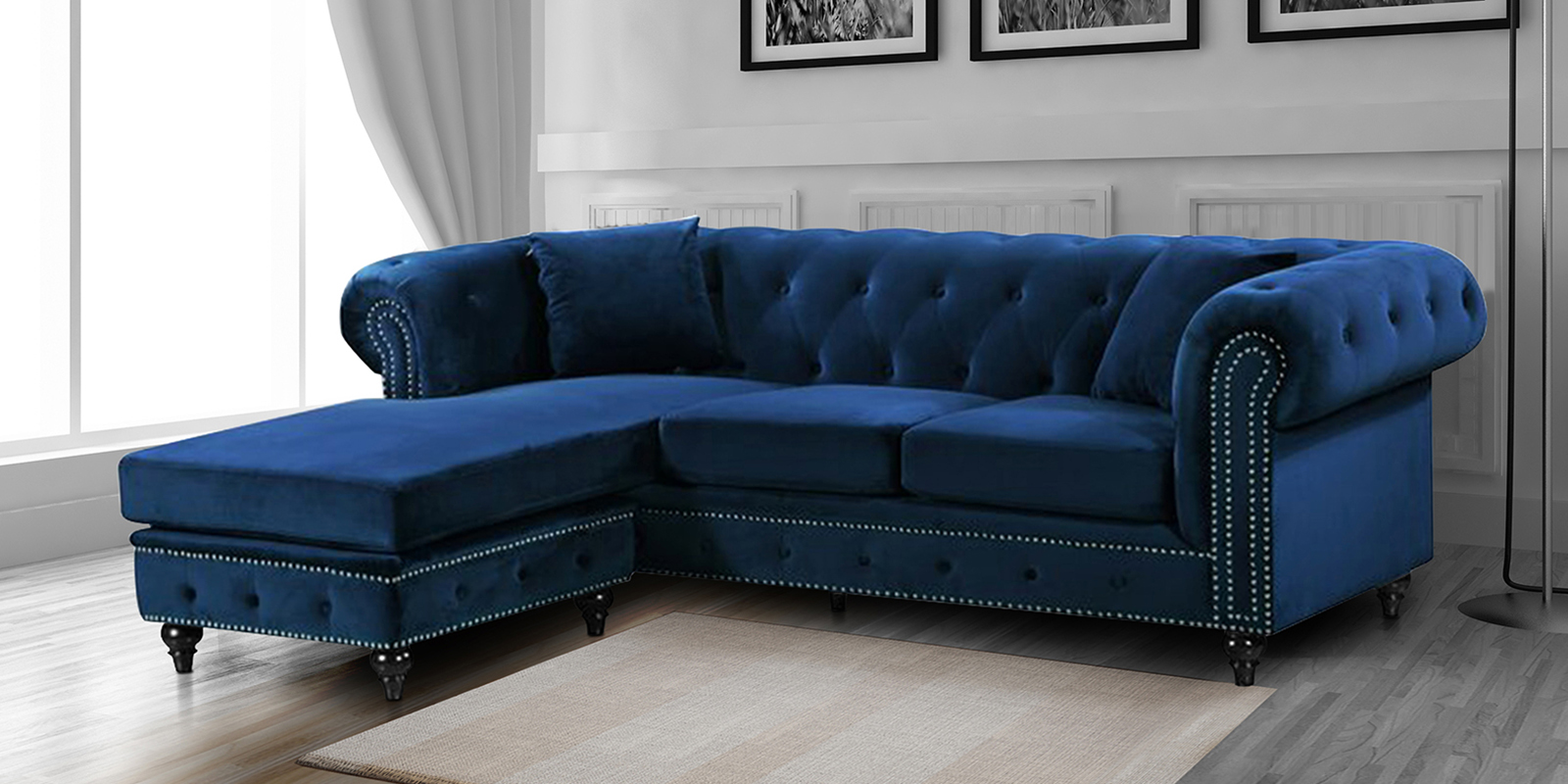 Courageous Velvet RHS Sectional Sofa in Navy Blue Colour - Dreamzz ...