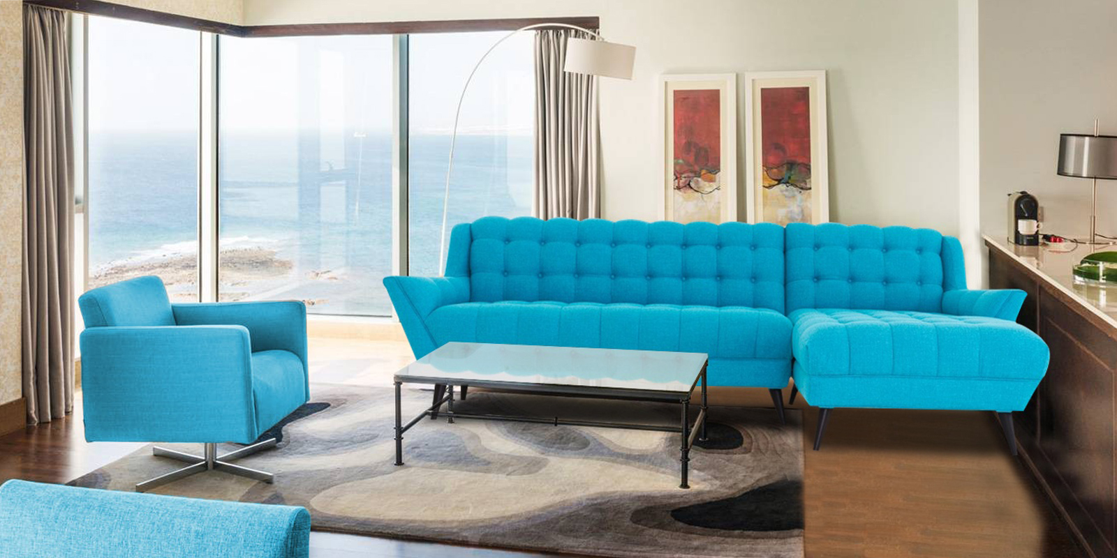 Mid-Century Town LHS Two Seater Sofa With Lounger In Ocean Blue ...