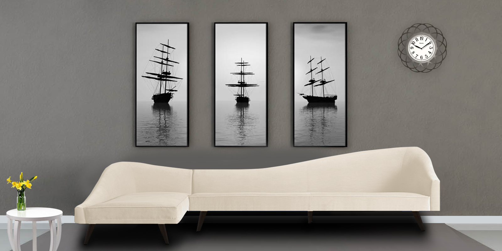 Vivacious Sofa with Lounger in Light Beige Colour