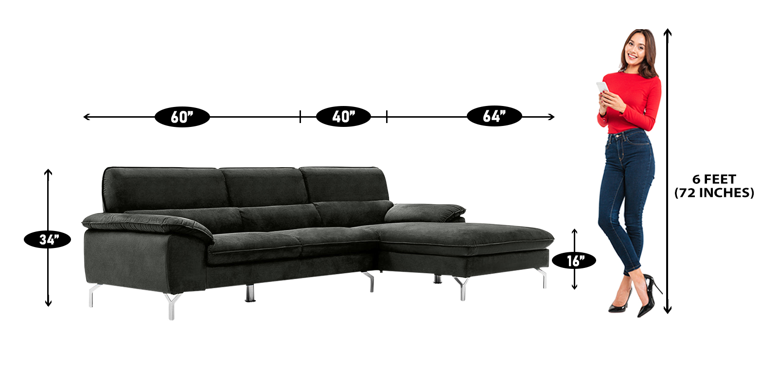 Libby LHS Sofa with Lounger in Grey Colour by Dreamzz Furniture