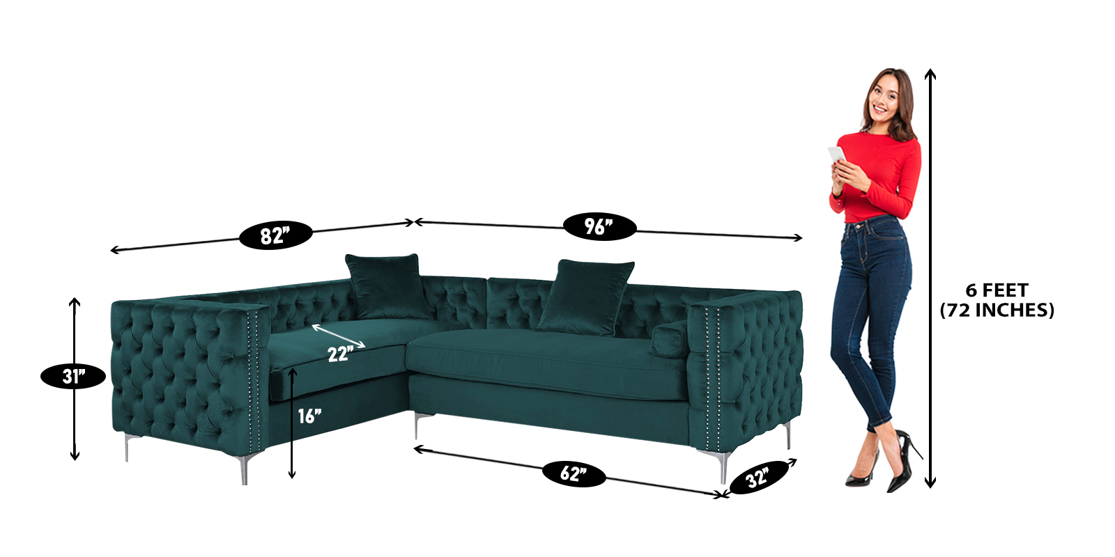 Tidafors Classic LHS Sofa in Velvet Green colour