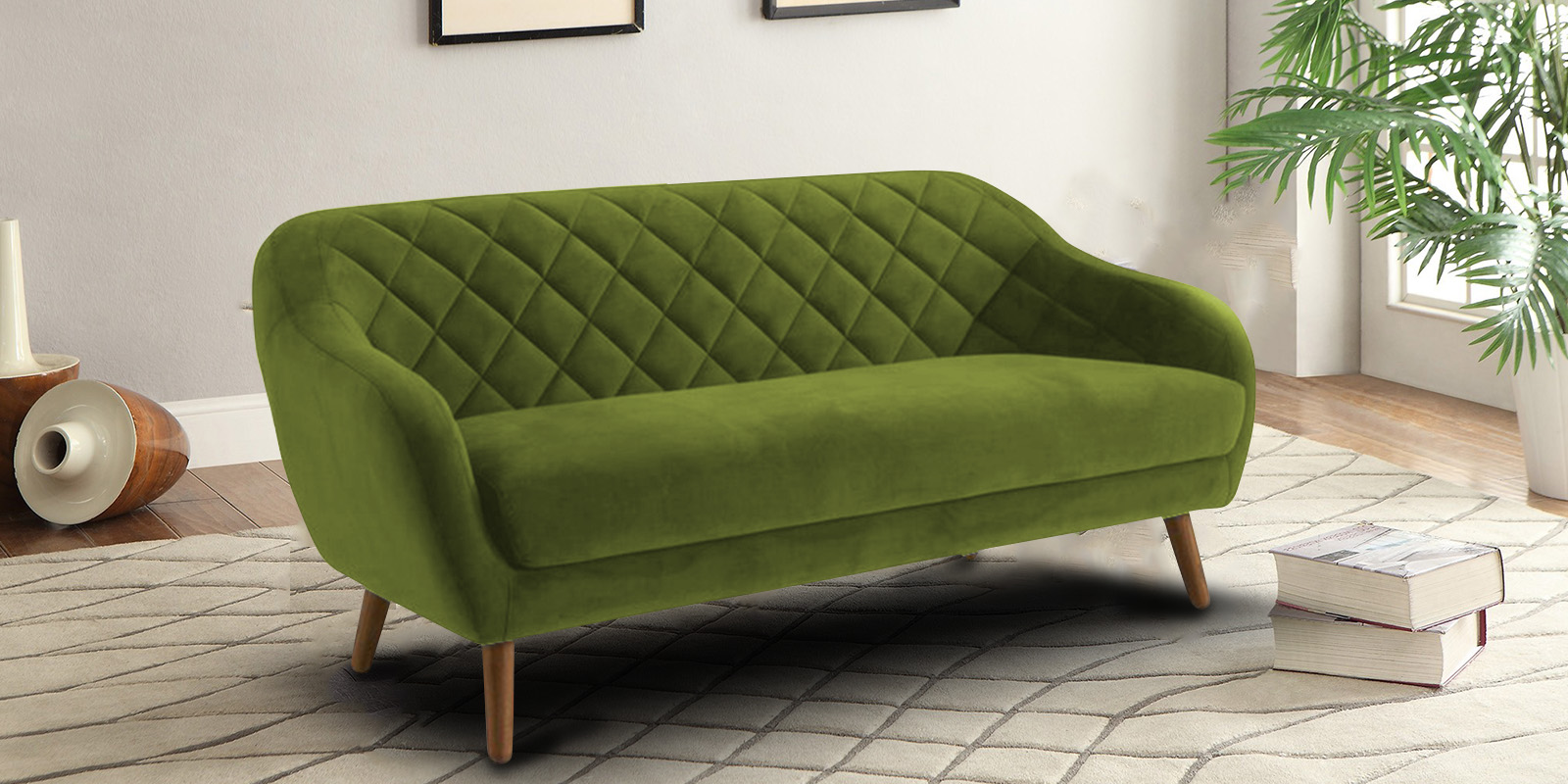 Three Seater Sofa In Dark Olive Green