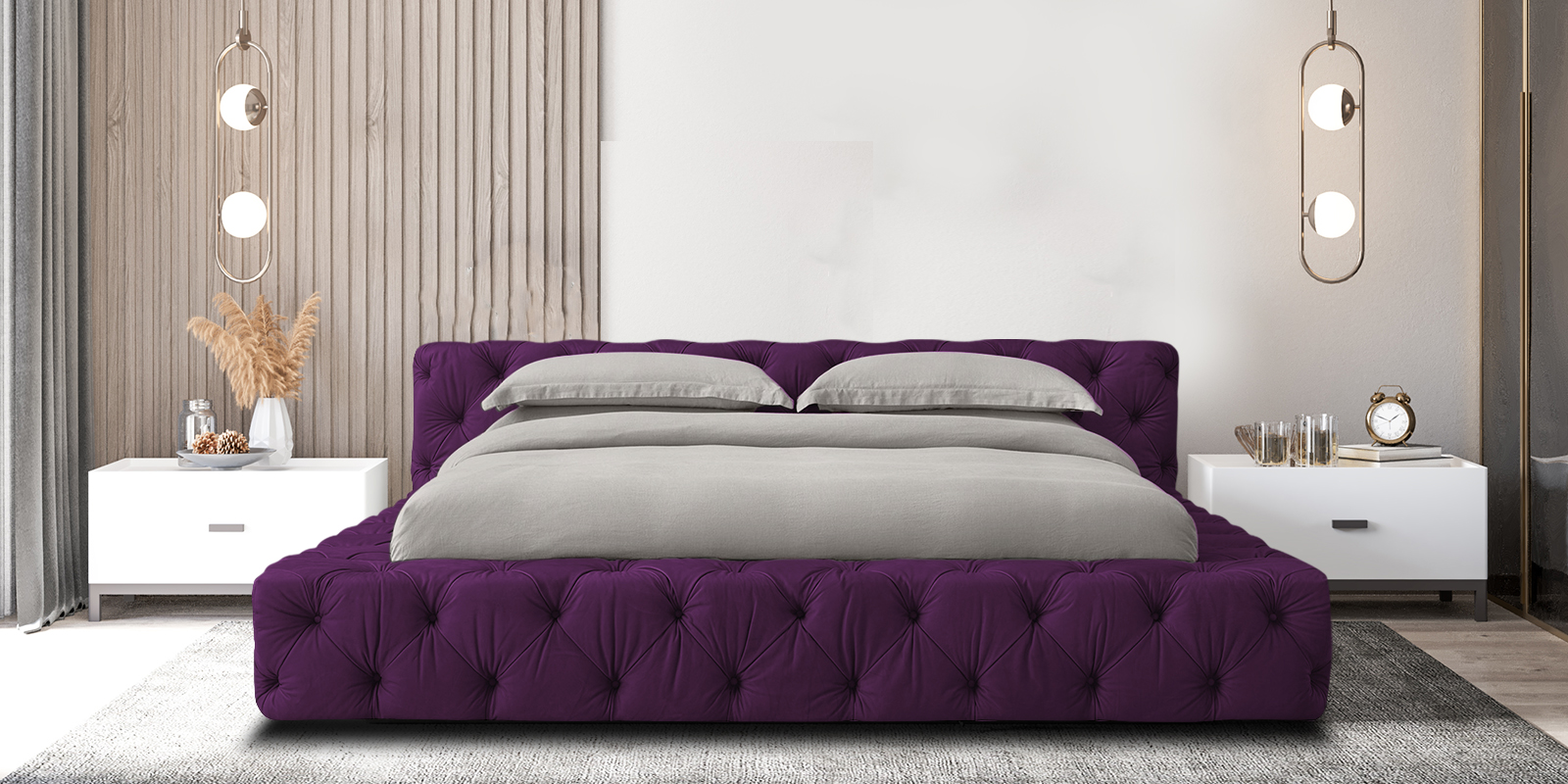 Exquisite Fabric Upholstered King Size Bed in Purple Colour ...